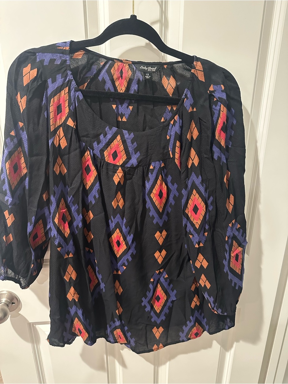 Lucky Brand Black Peasant Blouse with Purple & Orange Geometric Print